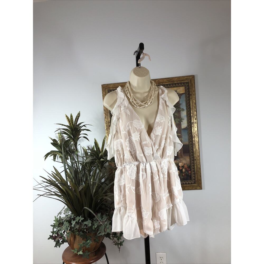 Charlotte Russe Romper Large Sheer Floral Lace Ruffle Sleeveless Lined Beige